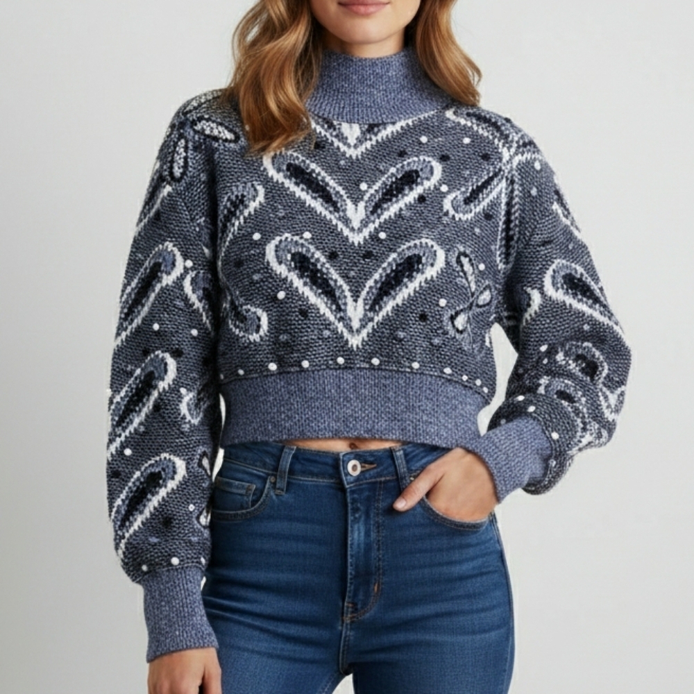 Zara Chunky Heart Swiss Dot Semi Cropped Long Sleeve Sweater